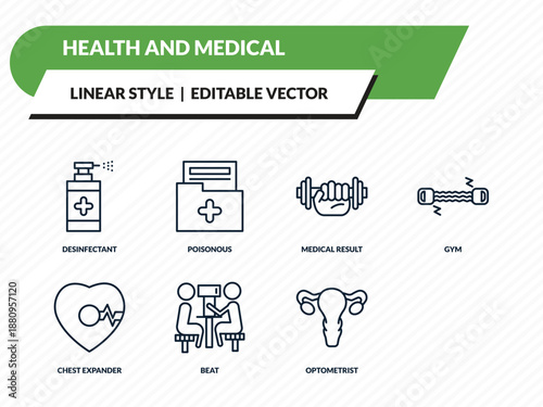 health and medical icons set - desinfectant, poisonous, medical result, optometrist, gynecology outline vector collection.