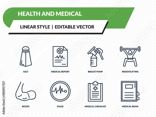 health and medical icons set - salt, medical report, breast pump, medical checklist, book outline vector collection.