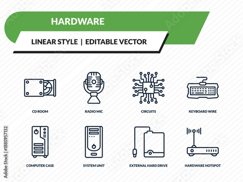 hardware icons set - cd room, radio mic, circuits, external hard drive, hardware hotspot outline vector collection.