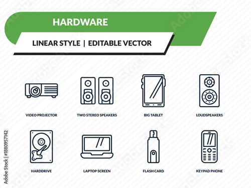 hardware icons set - video projector, two stereo speakers, big tablet, flash card, keypad phone outline vector collection.