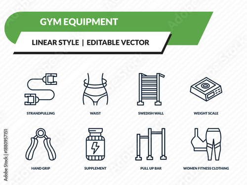 gym equipment icons set - strandpulling, waist, swedish wall, pull up bar, women fitness clothing outline vector collection.