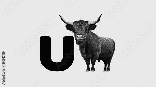 Monochrome portrait of a powerful, shaggy Highland bull standing next to a bold capital letter U, minimalist graphic design.