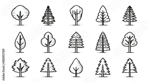 Collection of hand drawn tree icons. Simple sketch line art illustrations of various deciduous and coniferous trees for nature designs.
