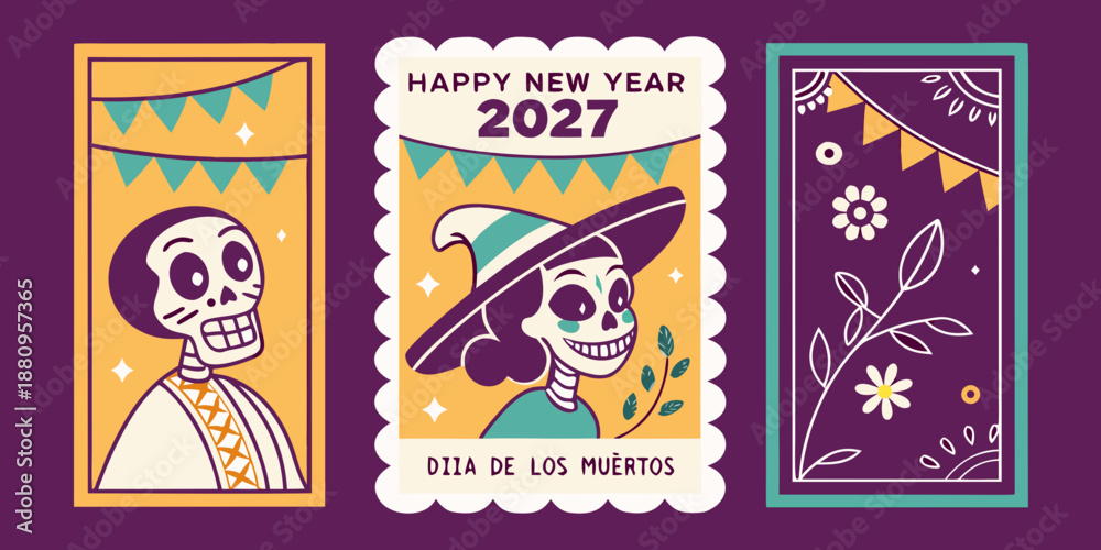 Naklejka premium Happy New Year 2027 – Dia De Los Muertos Inspired Art, Festive Cultural Skeleton Illustration & Vibrant Holiday Greeting Design