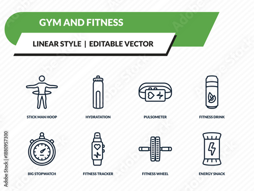 gym and fitness icons set - stick man hoop, hydratation, pulsometer, fitness wheel, energy snack outline vector collection.