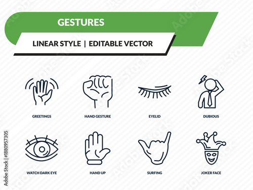 gestures icons set - greetings, hand gesture, eyelid, surfing, joker face outline vector collection.