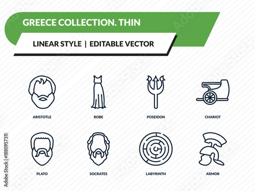 greece collection. thin icons set - aristotle, robe, poseidon, labyrinth, armor outline vector collection.