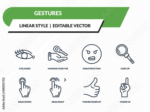 gestures icons set - eyelashes, hanging over the key, dissatisfaction, thumb finger up, finger up outline vector collection.