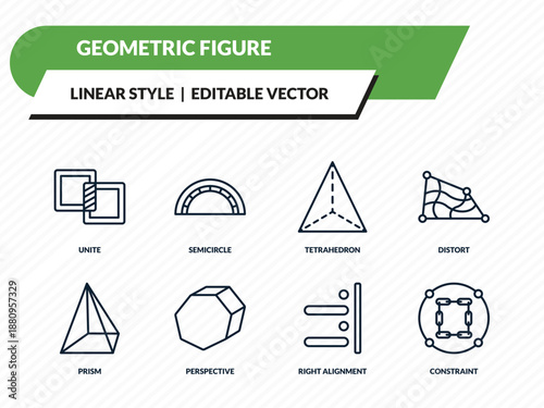 geometric figure icons set - unite, semicircle, tetrahedron, right alignment, constraint outline vector collection.