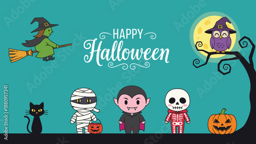 Happy Halloween Flat Vector Illustration with Cute Characters Including Witch Vampire Mummy Skeleton Black Cat Owl and Jack O Lantern Pumpkin