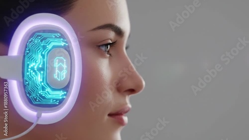 Serene young woman wearing a futuristic neural-interface device with glowing circuit patterns during a high-tech medical brain activity scan. Sci-fi medical concept.