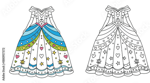 Princess dress coloring book page vector illustration. Beautiful ball gown with hearts and stars in colored style and black outline isolated on white background for kids activity.