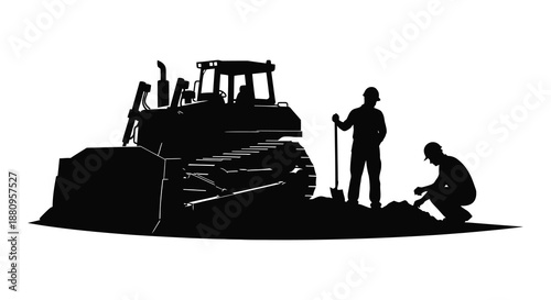 A striking black silhouette depicts a construction scene with a bulldozer worker and a person kneeling near excavated earth silhouette