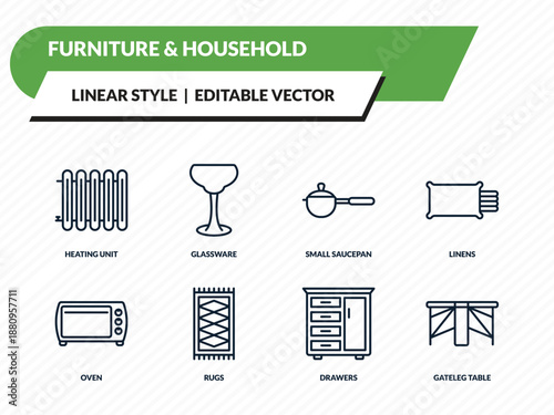furniture & household icons set - heating unit, glassware, small saucepan, drawers, gateleg table outline vector collection.