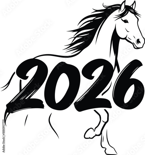 A wild black mustang stallion with a flowing mane is depicted in a running gallop silhouette illustration for the 2026 Year of the Horse animal symbol design