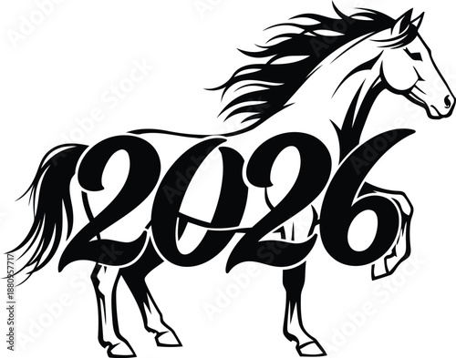 A wild black mustang stallion with a long flowing mane and tail runs across a nature landscape in this creative equine vector illustration and cartoon silhouette design