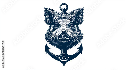 Vintage detailed wild boar head illustration combined with a marine anchor. Nautical and animal themed tattoo design emblem.