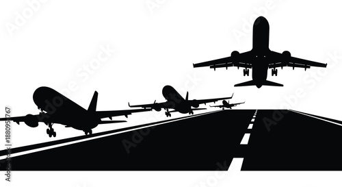 a dramatic scene unfolds as multiple airplanes are depicted taking off along a runway creating a striking silhouette high quality professional