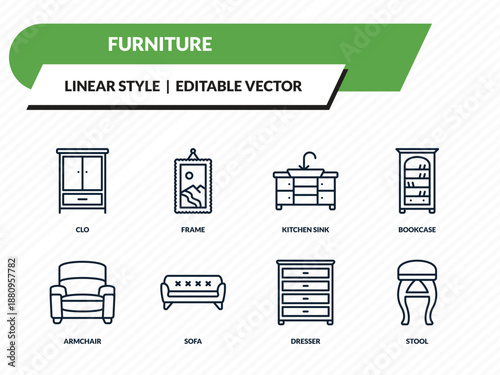 furniture icons set - clo, frame, kitchen sink, dresser, stool outline vector collection.