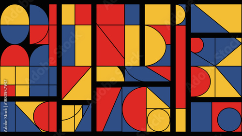 Colorful Geometric Shapes in Grid Pattern.