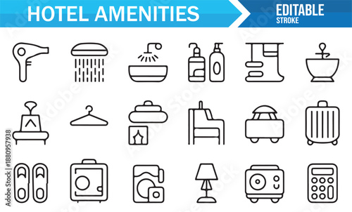 Travel accommodation and hotel amenities outline icon set