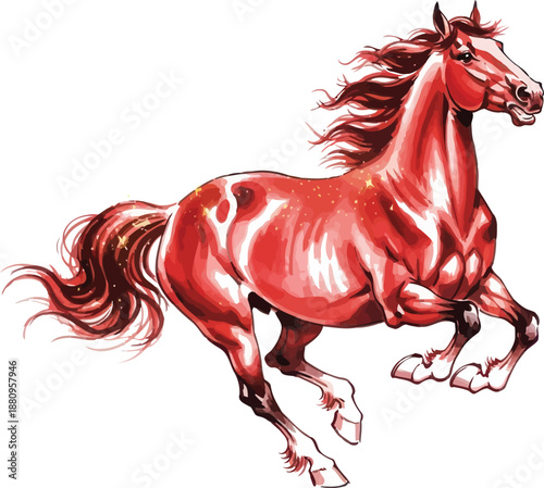 A wild red mustang stallion with a long black mane and tail is captured in a running gallop as a flat vector illustration isolated on a white background
