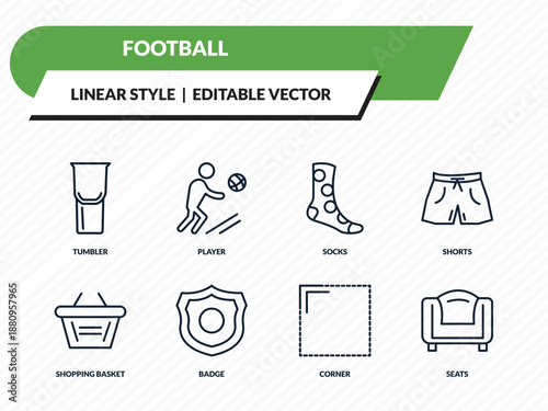 football icons set - tumbler, player, socks, corner, seats outline vector collection.