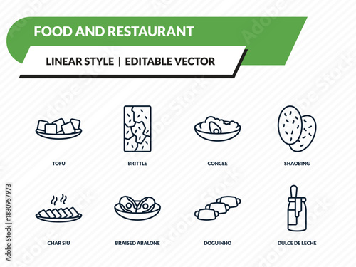 food and restaurant icons set - tofu, brittle, congee, doguinho, dulce de leche outline vector collection.