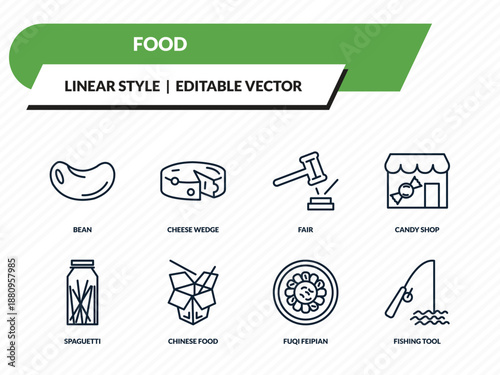 food icons set - bean, cheese wedge, fair, fuqi feipian, fishing tool outline vector collection.