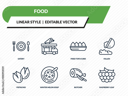 food icons set - eatery, , fried tofu curd balls, butcher, raspberry leaf outline vector collection.
