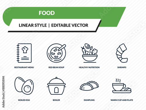 food icons set - restaurant menu, red bean soup, healthy nutrition, dumpling, warm cup and plate outline vector collection.