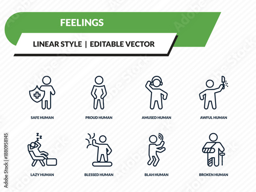 feelings icons set - safe human, proud human, amused human, blah broken outline vector collection.