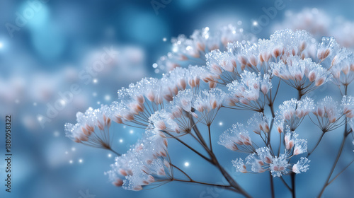 Ultra realistic panoramic macro photography of dry wild plants and delicate stems covered in hoarfrost on a winter morning. Thin fragile branches and seed heads rise from the fores