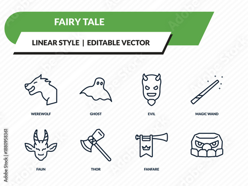 fairy tale icons set - werewolf, ghost, evil, fanfare, outline vector collection.