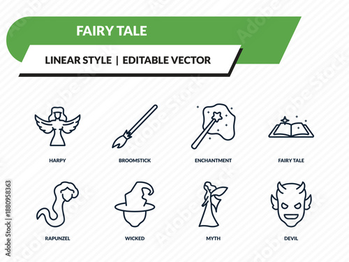 fairy tale icons set - harpy, broomstick, enchantment, myth, devil outline vector collection.