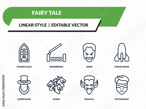fairy tale icons set - stained glass, drawbridge, joker, dracula, protagonist outline vector collection.