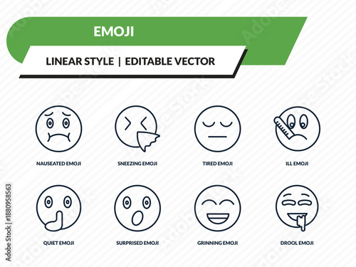 emoji icons set - nauseated emoji, sneezing emoji, tired grinning drool outline vector collection.