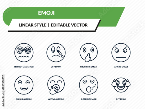 emoji icons set - hypnotized emoji, cry emoji, shushing sleeping shy outline vector collection.