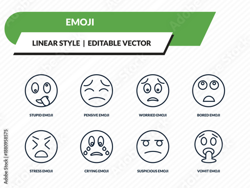 emoji icons set - stupid emoji, pensive emoji, worried suspicious vomit outline vector collection.