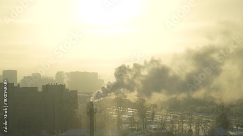 View of the city heating system on a frosty sunny day.