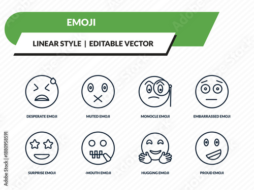 emoji icons set - desperate emoji, muted emoji, monocle hugging proud outline vector collection.