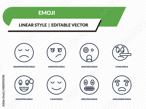 emoji icons set - disappointed emoji, annoyed emoji, shocked nervous anguished outline vector collection.