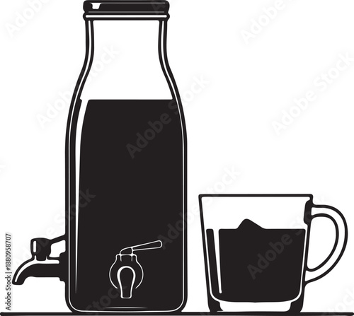 Graphic illustration of a bottle and glass filled with dark liquid on transparent background