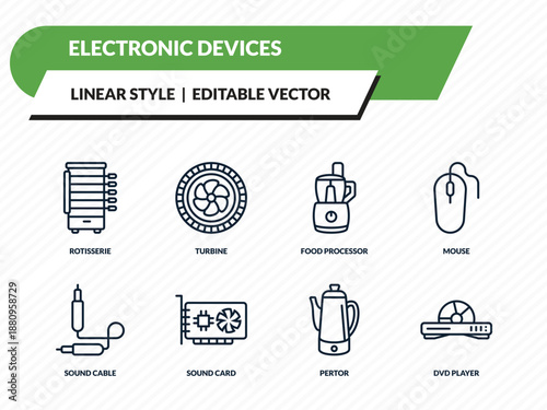 electronic devices icons set - rotisserie, turbine, food processor, pertor, dvd player outline vector collection.