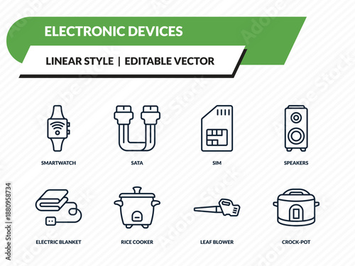 electronic devices icons set - smartwatch, sata, sim, leaf blower, crock-pot outline vector collection.
