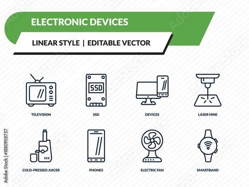electronic devices icons set - television, ssd, devices, electric fan, smartband outline vector collection.