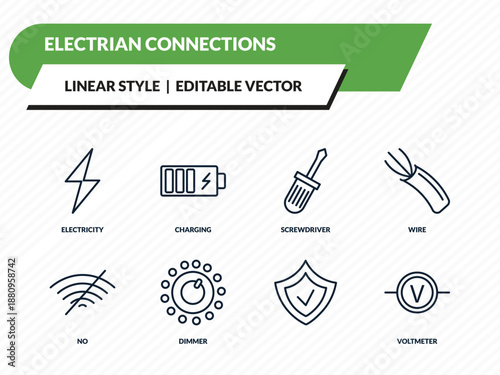electrian connections icons set - electricity, charging, screwdriver, , voltmeter outline vector collection.