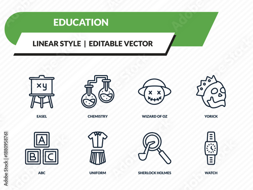 education icons set - easel, chemistry, wizard of oz, sherlock holmes, watch outline vector collection.
