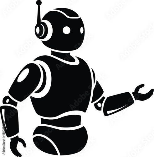 Simple black and white iconographic depiction of a friendly android robot figure gesturing outward with an open hand suggesting assistance or invitation against a white background