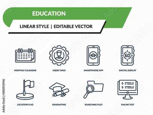 education icons set - monthly calendar, users tings, smartphone app, searching files, online test outline vector collection.